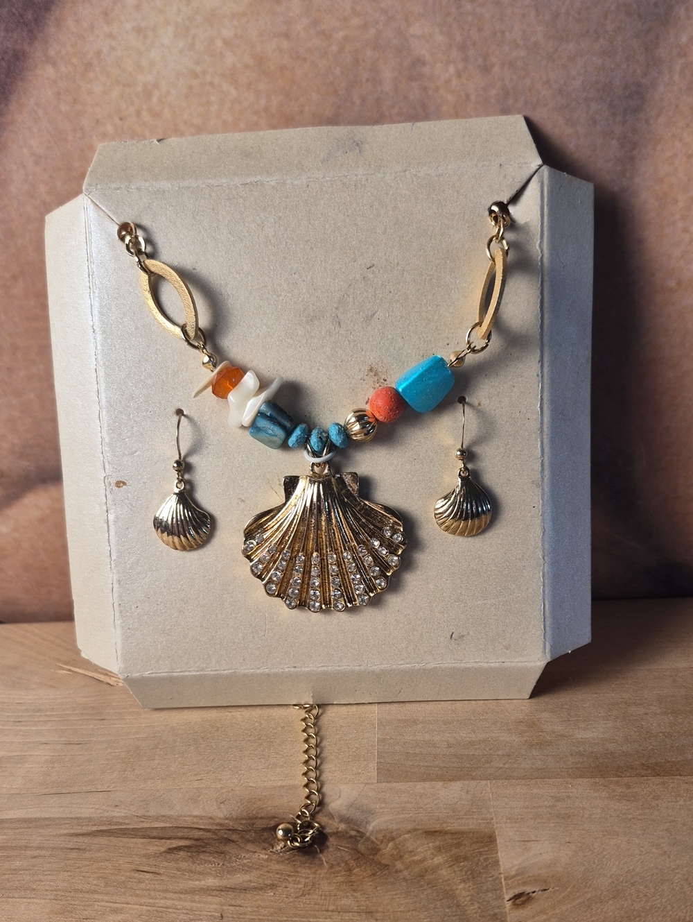 Gold Seashell Pendant Necklace with Turquoise and Coral Accent Beads